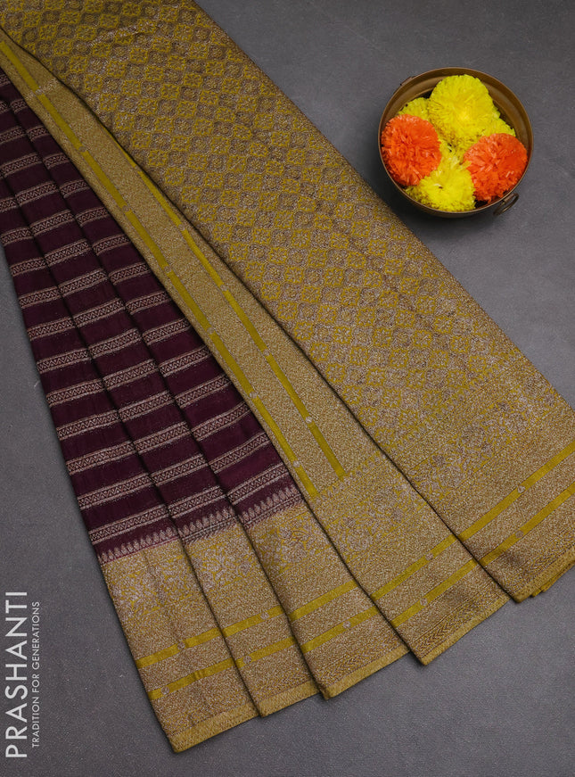 Banarasi semi crepe saree deep jamun and lime yellow with allover thread & zari weaves and woven border