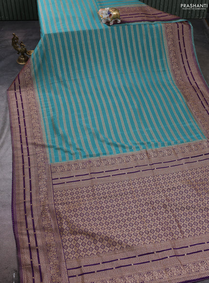Banarasi semi crepe saree pastel blue and violet with allover thread & zari weaves and woven border