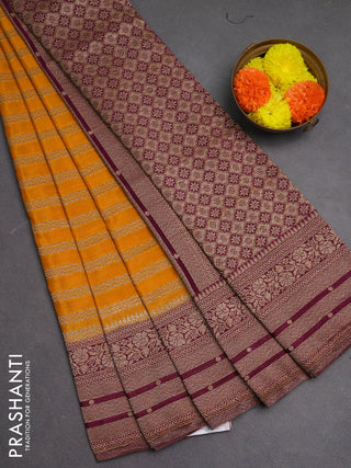 Banarasi semi crepe saree mango yellow and deep purple with allover thread & zari weaves and woven border