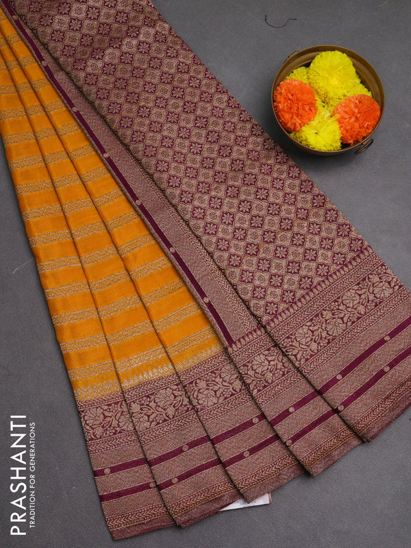 Banarasi semi crepe saree mango yellow and deep purple with allover thread & zari weaves and woven border
