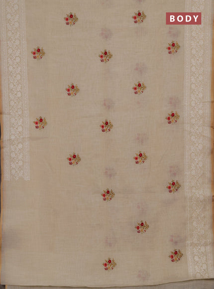 Linen cotton saree cream with embroidery buttas and embroidery pallu