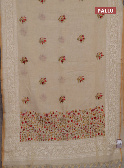 Linen cotton saree cream with embroidery buttas and embroidery pallu