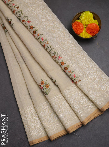 Linen cotton saree cream with embroidery buttas and embroidery pallu