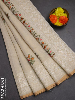 Linen cotton saree cream with embroidery buttas and embroidery pallu