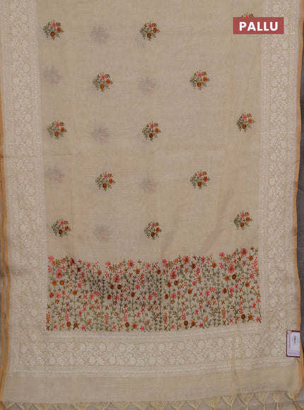 Linen cotton saree cream with embroidery buttas and embroidery pallu