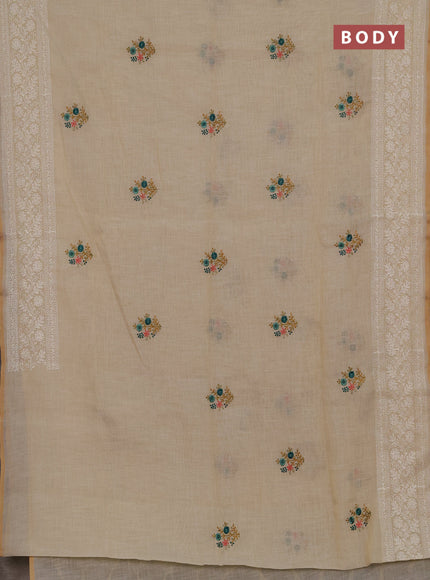 Linen cotton saree cream with embroidery buttas and embroidery pallu