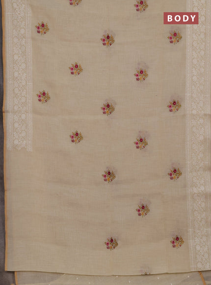 Linen cotton saree cream with embroidery buttas and embroidery pallu