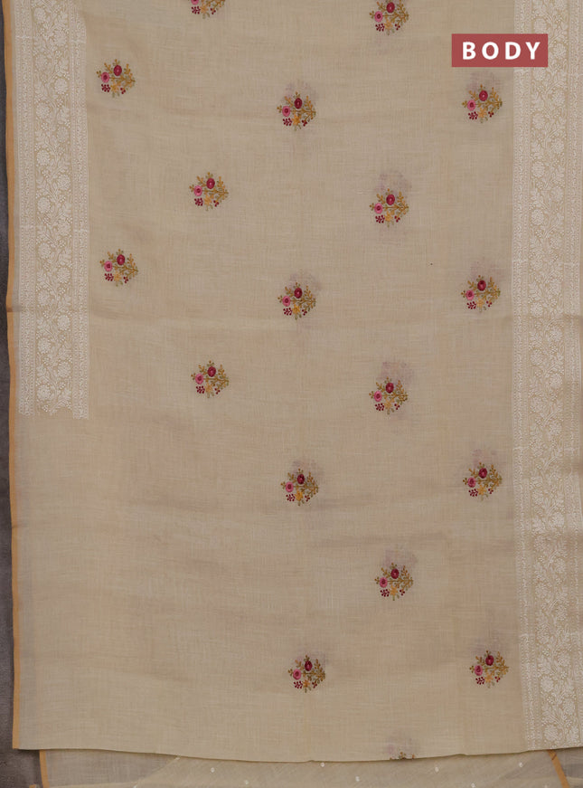 Linen cotton saree cream with embroidery buttas and embroidery pallu
