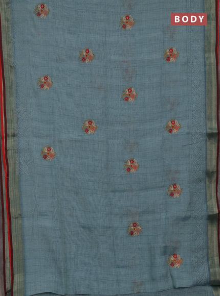 Tissue linen cotton saree teal blue with embroidery buttas and embroidery pallu