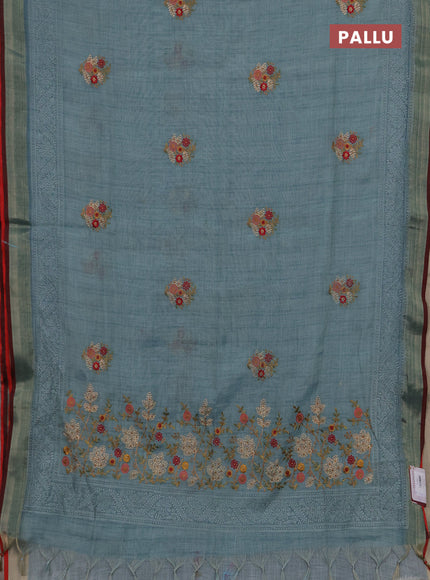 Tissue linen cotton saree teal blue with embroidery buttas and embroidery pallu
