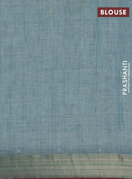 Tissue linen cotton saree teal blue with embroidery buttas and embroidery pallu