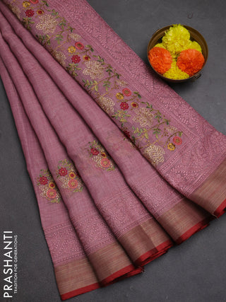 Tissue linen cotton saree pink with embroidery buttas and embroidery pallu