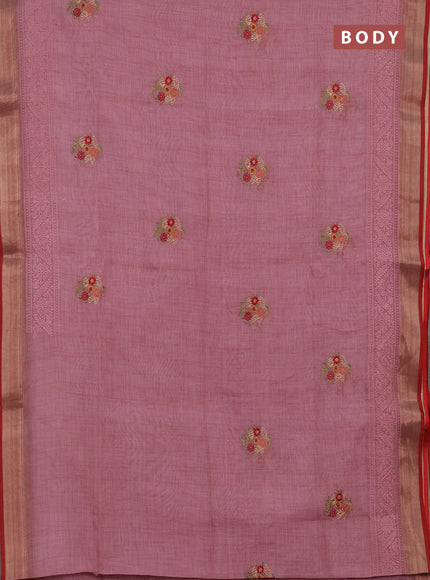 Tissue linen cotton saree pink with embroidery buttas and embroidery pallu
