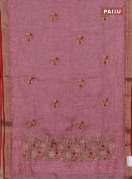 Tissue linen cotton saree pink with embroidery buttas and embroidery pallu