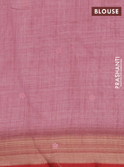 Tissue linen cotton saree pink with embroidery buttas and embroidery pallu