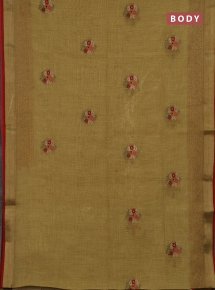 Tissue linen cotton saree pale yellow with embroidery buttas and embroidery pallu