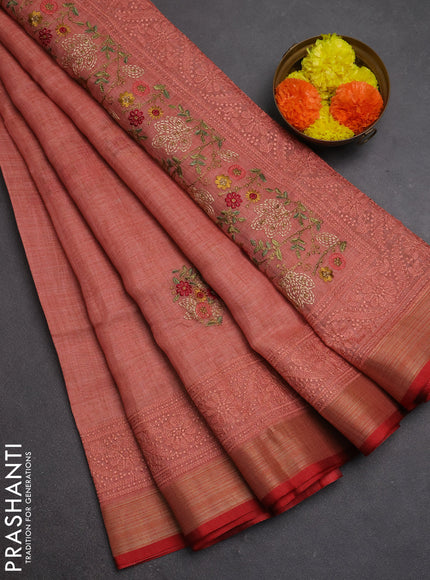 Tissue linen cotton saree red with embroidery buttas and embroidery pallu