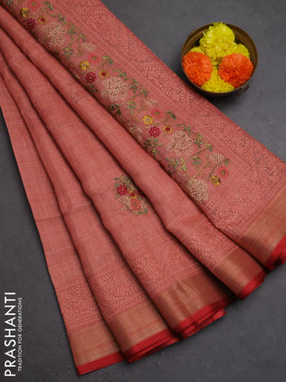 Tissue linen cotton saree red with embroidery buttas and embroidery pallu