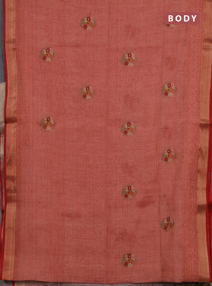 Tissue linen cotton saree red with embroidery buttas and embroidery pallu