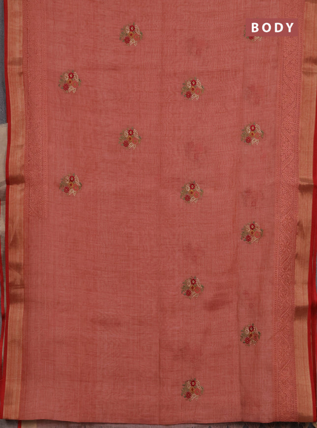 Tissue linen cotton saree red with embroidery buttas and embroidery pallu