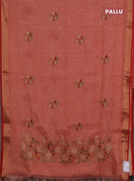Tissue linen cotton saree red with embroidery buttas and embroidery pallu