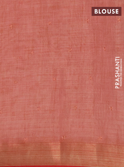 Tissue linen cotton saree red with embroidery buttas and embroidery pallu