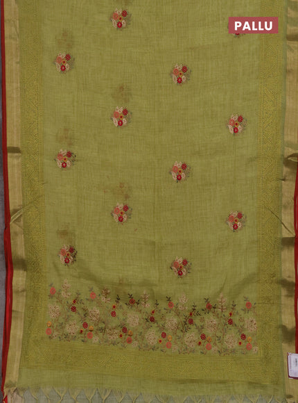 Tissue linen cotton saree light green with embroidery buttas and embroidery pallu