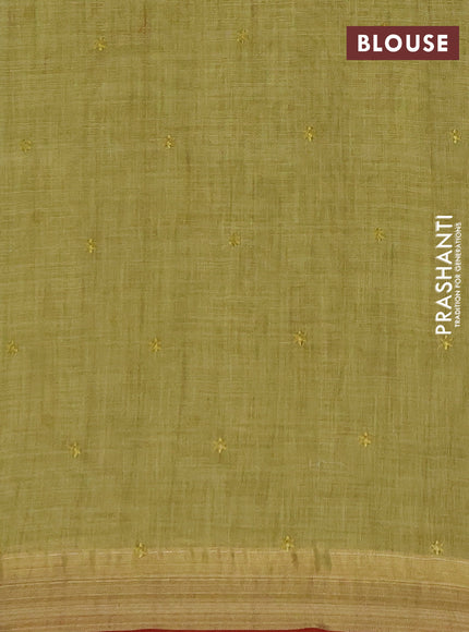 Tissue linen cotton saree light green with embroidery buttas and embroidery pallu