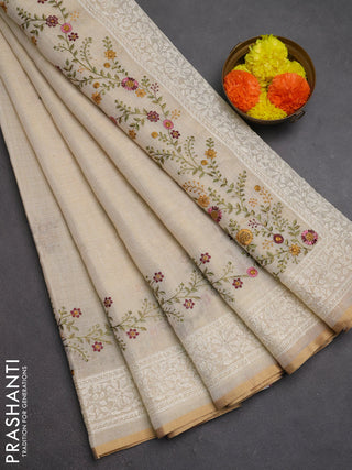 Linen cotton saree cream with embroidery buttas and embroidery border