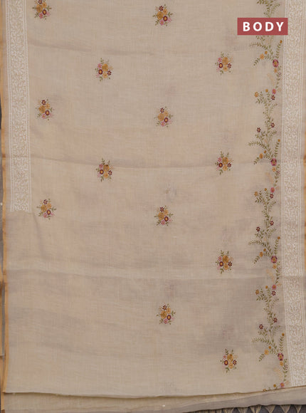 Linen cotton saree cream with embroidery buttas and embroidery border