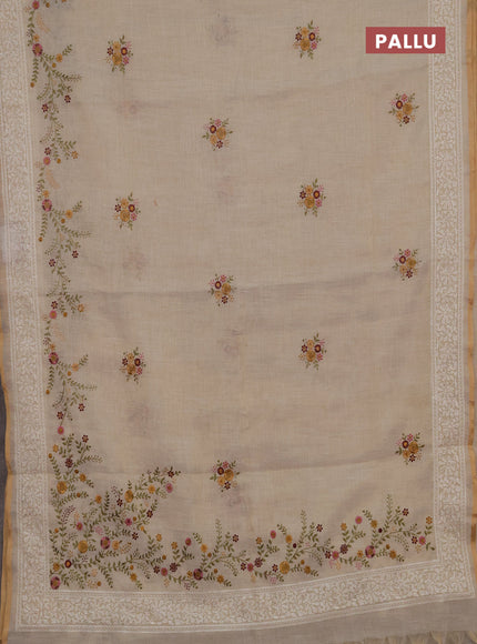 Linen cotton saree cream with embroidery buttas and embroidery border