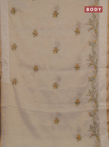 Linen cotton saree cream and yellow with embroidery buttas and embroidery border