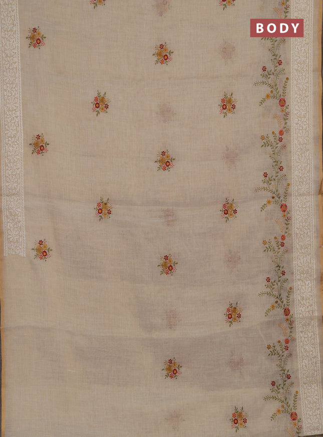 Linen cotton saree cream with embroidery buttas and embroidery border