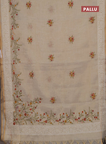 Linen cotton saree cream with embroidery buttas and embroidery border
