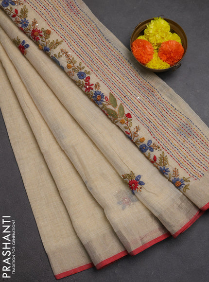 Linen cotton saree cream and pastel blue with embroidery buttas and embroidery kantha stitch work pallu