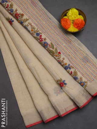Linen cotton saree cream and pastel blue with embroidery buttas and embroidery kantha stitch work pallu
