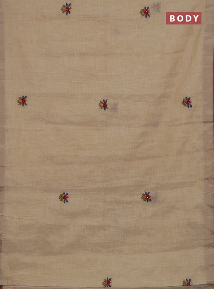 Linen cotton saree cream and pastel blue with embroidery buttas and embroidery kantha stitch work pallu