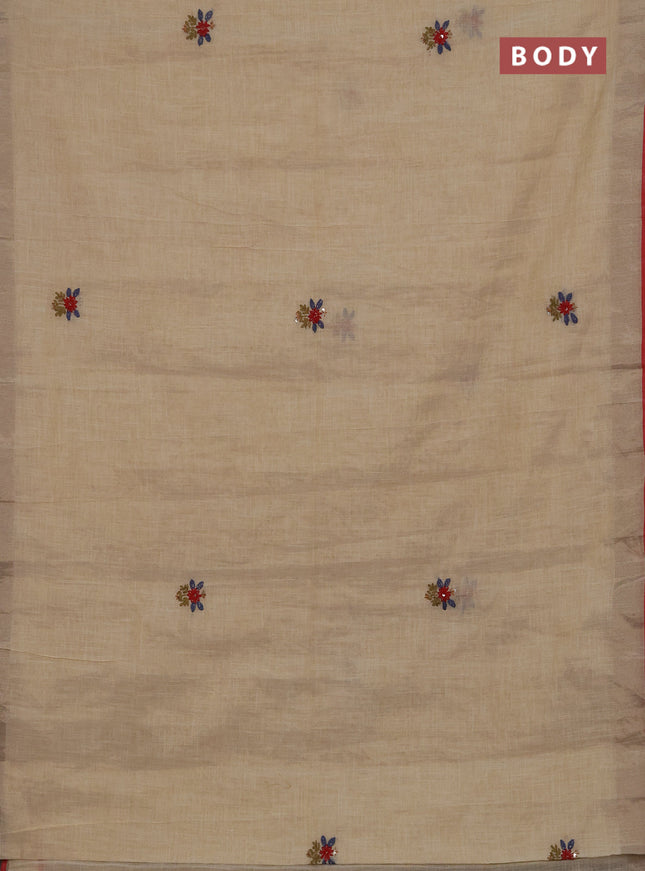 Linen cotton saree cream and pastel blue with embroidery buttas and embroidery kantha stitch work pallu