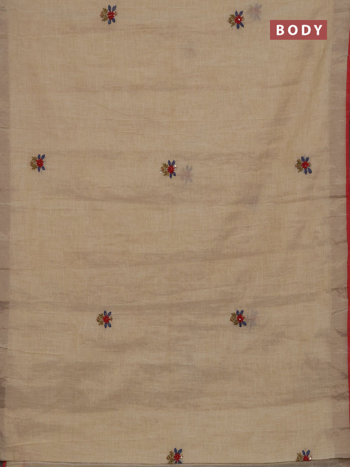Linen cotton saree cream and pastel blue with embroidery buttas and embroidery kantha stitch work pallu
