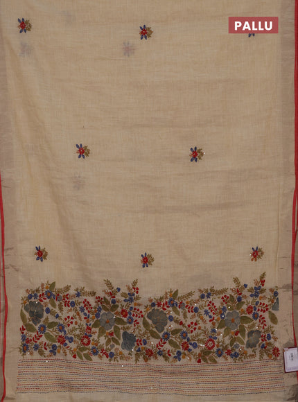 Linen cotton saree cream and pastel blue with embroidery buttas and embroidery kantha stitch work pallu