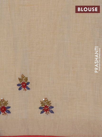 Linen cotton saree cream and pastel blue with embroidery buttas and embroidery kantha stitch work pallu