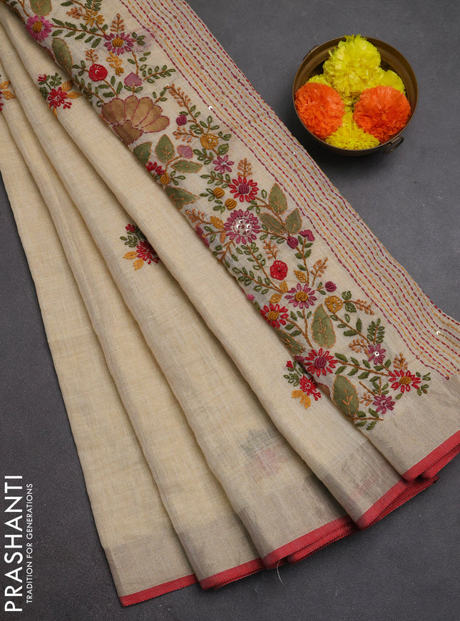 Linen cotton saree cream and pink with embroidery buttas and embroidery kantha stitch work pallu