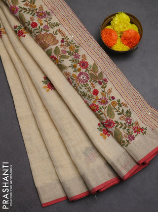 Linen cotton saree cream and pink with embroidery buttas and embroidery kantha stitch work pallu