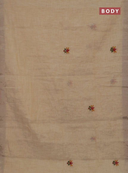 Linen cotton saree cream and pink with embroidery buttas and embroidery kantha stitch work pallu