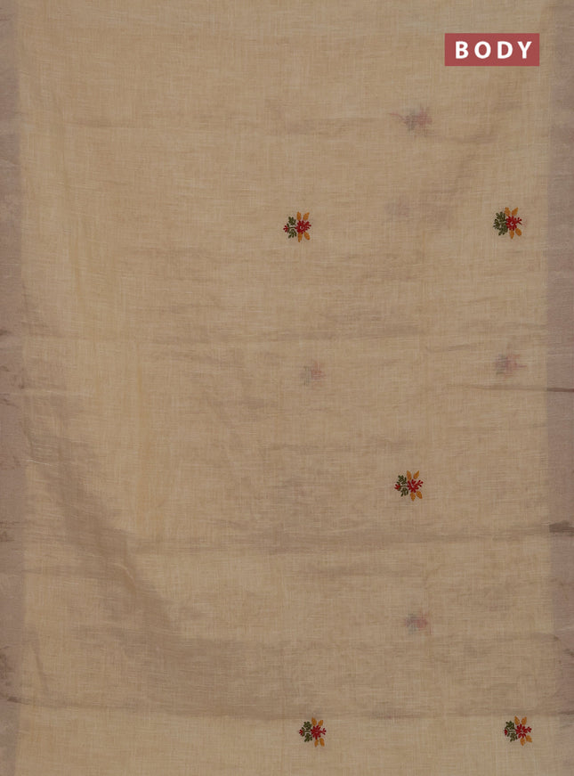 Linen cotton saree cream and pink with embroidery buttas and embroidery kantha stitch work pallu