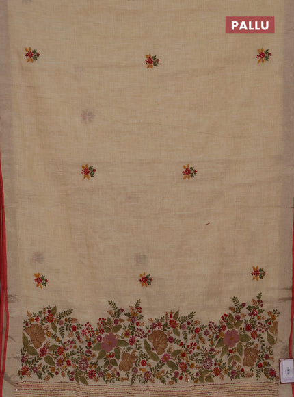 Linen cotton saree cream and pink with embroidery buttas and embroidery kantha stitch work pallu