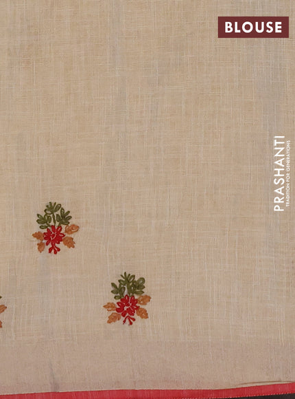 Linen cotton saree cream and pink with embroidery buttas and embroidery kantha stitch work pallu