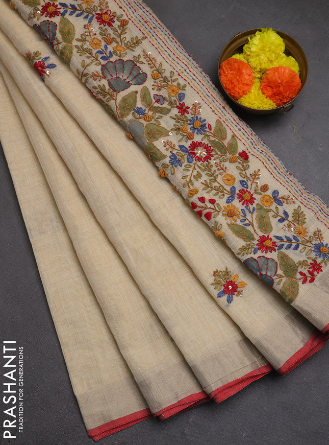 Linen cotton saree cream and maroon with embroidery buttas and embroidery kantha stitch work pallu