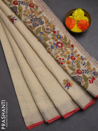Linen cotton saree cream and maroon with embroidery buttas and embroidery kantha stitch work pallu