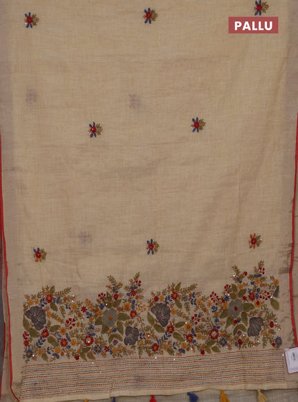 Linen cotton saree cream and maroon with embroidery buttas and embroidery kantha stitch work pallu
